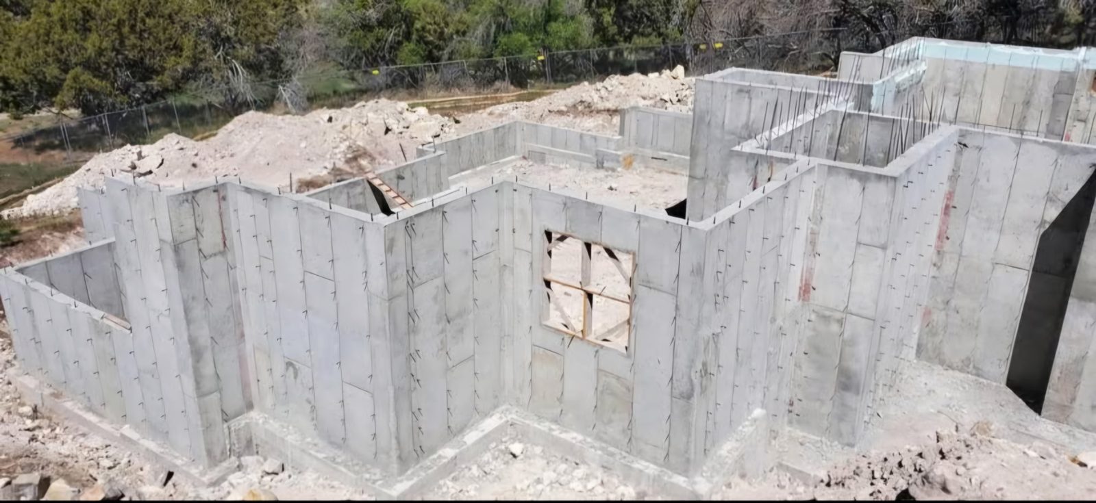 Aerial view of poured concrete foundation walls